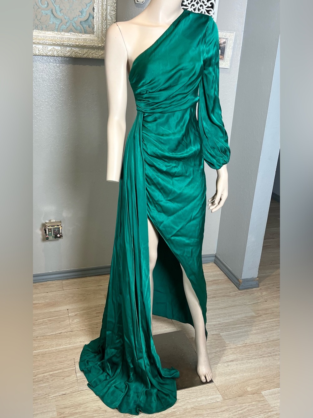 Michael Costello X Revolve Emerald One-Shoulder one-sleeve Satin Gown